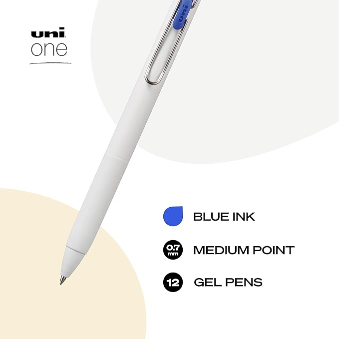 Uniball One Gel Pen, 12 Blue Pens, Medium Point 0.7 mm Gel Pens, Fine Point, Smooth Writing Pens, Home Office Supplies by Uni-ball, Colored Pens, Ink Pens, Ballpoint Pens, Bulk Pens for Journaling