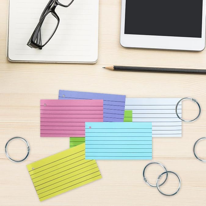 TFLFL Index Paper Cards 3x5 Inch, 300PCS Flash Cards with Rings, Thin Paper 8 Colors Ruled Index Cards, Assorted Lined Colored Flashcards, Study Card Note Cards Memo Pad for Office School