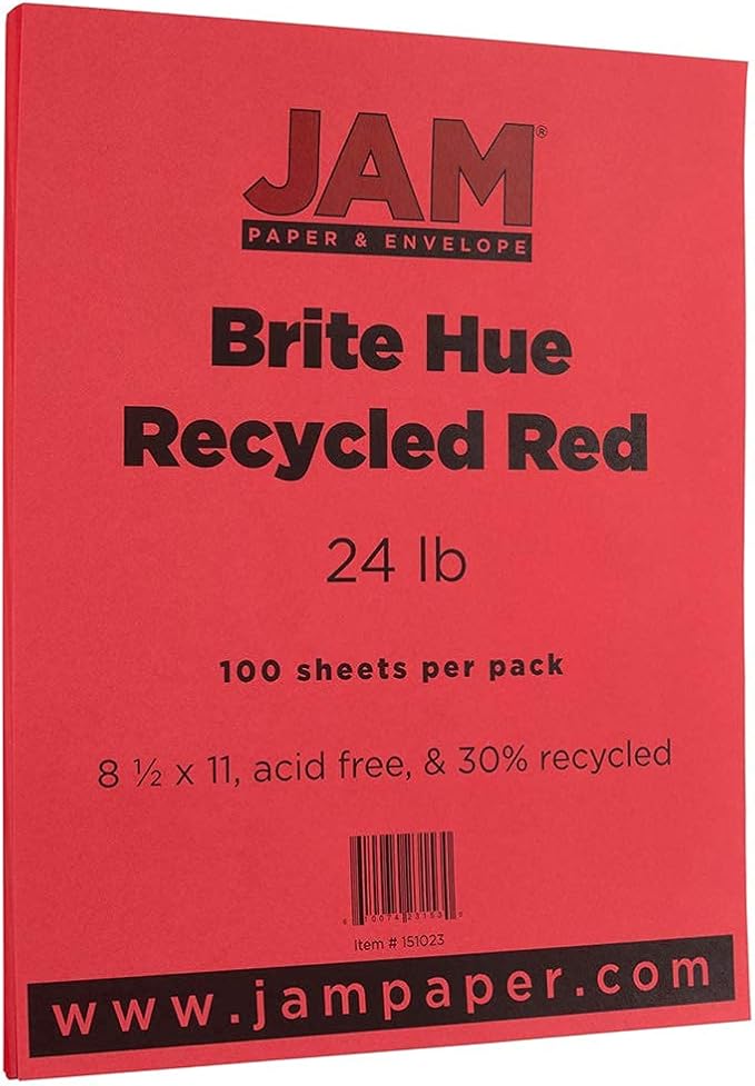 JAM PAPER Colored 24lb Paper - 90 gsm - 8.5 x 11 - Red Recycled - 50 Sheets/Pack