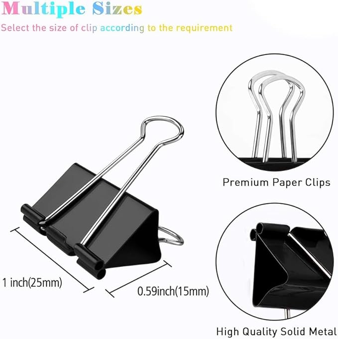 Binder Clips, 144 Pack, 1 Inch, Standard 25mm Clamps, Black, Capacity 0.47 Inch, Small Clips, Binder Clips Small Size, Small Paper Clips, Office Clips