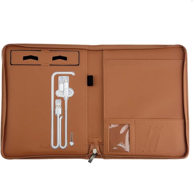 Phone Charging Business & Travel Portfolio w/Built-in Power Bank- Zipper Closure & Refillable Pad- Professional Organizer Padfolio That Charges Phones/Tablets on The Go (Brown)