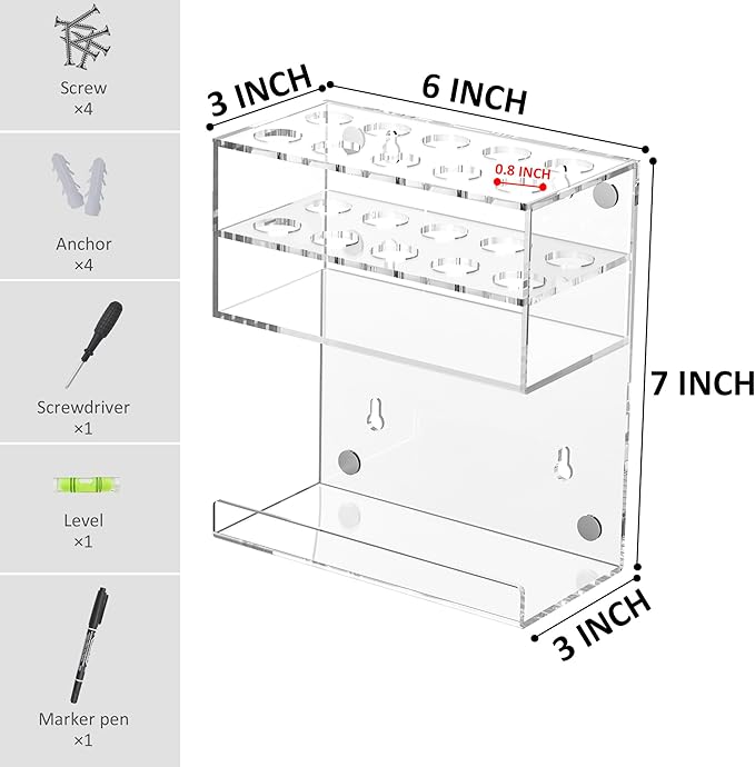 Acrylic Clear Magnetic Whiteboard Marker Holder,Wall Mounted Dry Erase Whiteboard Marker Holder Stand with 10 Marker Solts and Eraser Holder for School Office Home(Clear, 1)