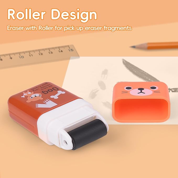 24 Pack of Pencil Erasers,Pencil Eraser Shaving Roller Case for Easy Pick Up and Removal | Animal Themed Cute and Fun Party Favor and School Supplies for Kids,Back to School Gift