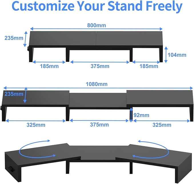 Pholiten Dual Monitor Stand Riser for 2 Monitors,Desktop Monitor Stand with Adjustable Length and Swivel Angles, Extra Long Multifunctional Stand up to 48.2" fit Computer Laptop Printer Max 44 lbs