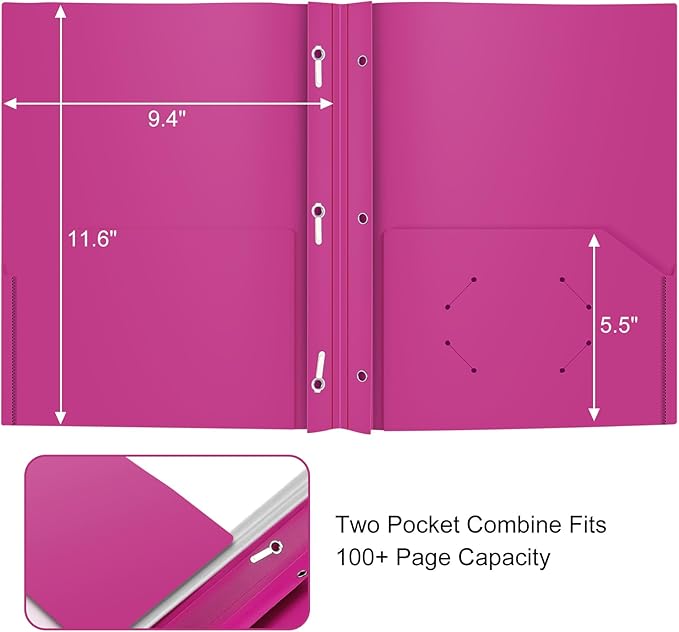 ViVin Sturdy Plastic Folders with Pockets and Prongs,12-Pack, 3-Prong Fasteners Folders with 2 Pockets, Holds US Letter Size Paper, for School/Office/Home (Purple)