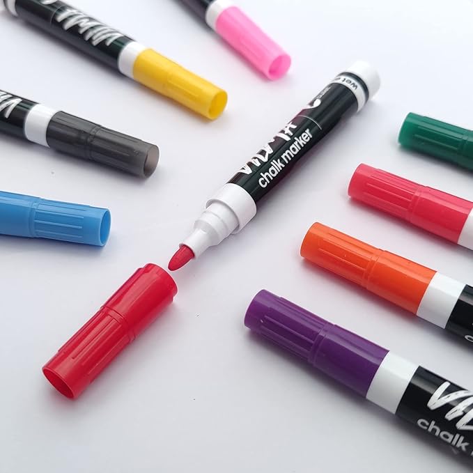 VILMA Liquid Chalk Markers Window Markers for Cars Glass pens Wet Erase Markers Washable Blackboard Markers for Car Window, Mirrors,Signs,Crafts, 2MM Tip 12 Pack,12 Colors