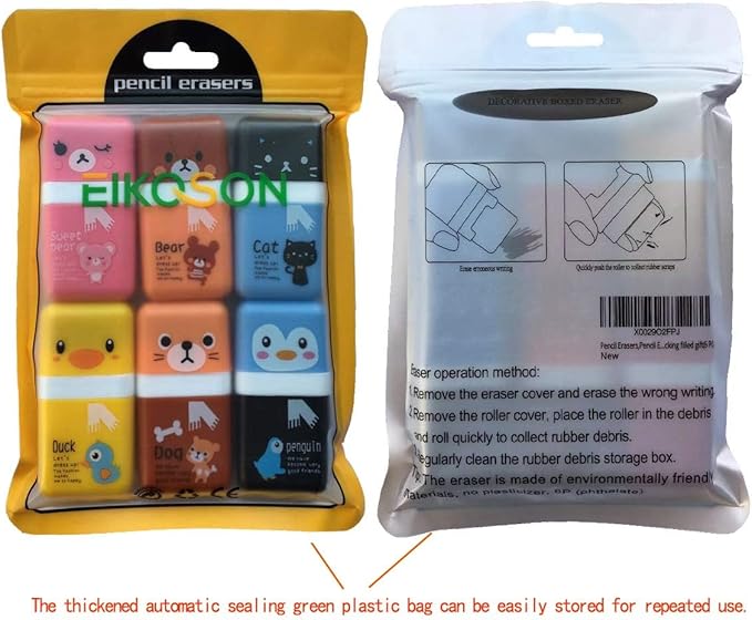 6 Pack of Pencil Erasers, Kids Eraser with Roller and Cover, Fun and Cute Animal Themed Eraser, Great Gift for Kid of Cute School Supplies