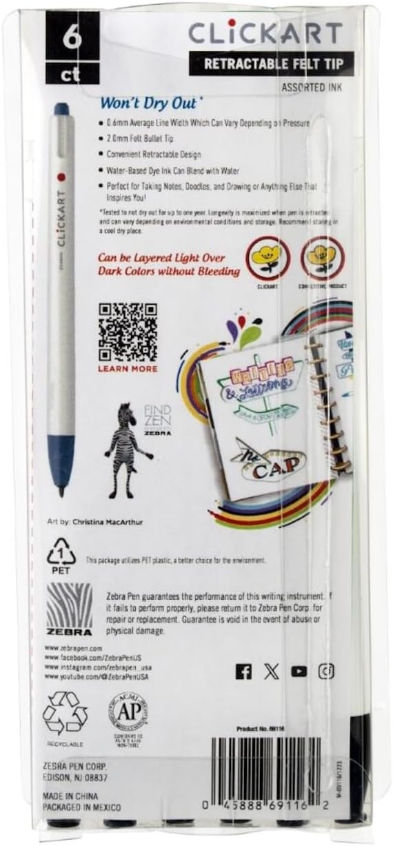 Zebra Pen ClickArt Retractable Marker Pen, 0.6mm, Assorted Night Scape Colors, 6-Pack (69116)