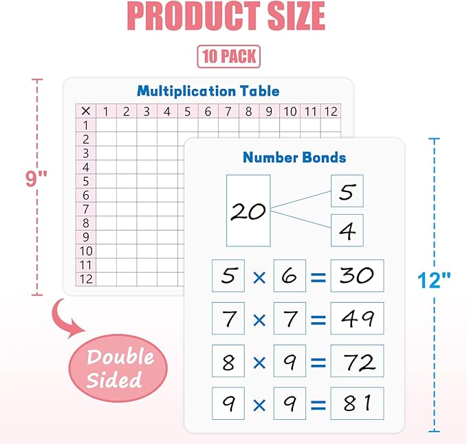 10 Pack Multiplication Chart Whiteboard Card - Double-Sided 9" x 12" Dry Erase Board, Math Manipulatives White Board for Kids Students, Classroom and Home Learning,Small White Board Card Dry Erase