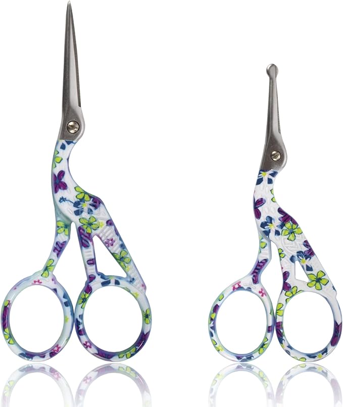 Stork Bird Rounded Safety Tip Embroidery Craft Stainless Steel Crane Scissors - Purple - 2 Pairs