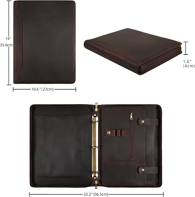 Portfolio Binder 3 Ring, Leather Binder Portfolio Folder for Left-Handed, Zippered Portfolio Padfolio Binder for Women, Leather Portfolio Organizer for Men (Dark Brown, Custom)