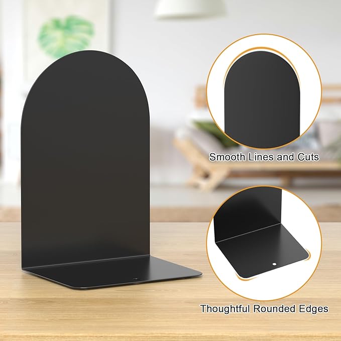 Bookends 2 Pairs, Metal Round Book Ends, Bookends for Shelves, Book Ends for Desk, Book End to Hold Books, Book Stopper, Black Bookend for Home Office