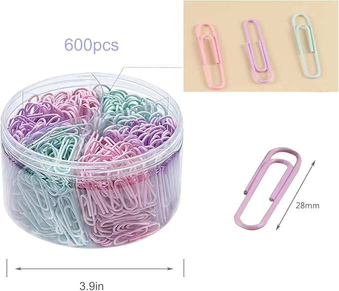 Macaron Colored Paper Clips, 1.1" Medium Paper Clip(28mm, 600pcs Paperclips for Office Supplies and Organization