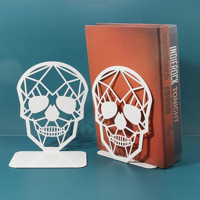 Metal Skull Design White Bookend - Heavy-Duty Bookends for Shelves, Skull Book Ends for Heavy Books, Book Shelf Holder Home Office Decorative Desktop Organizer (2 Pair-White)