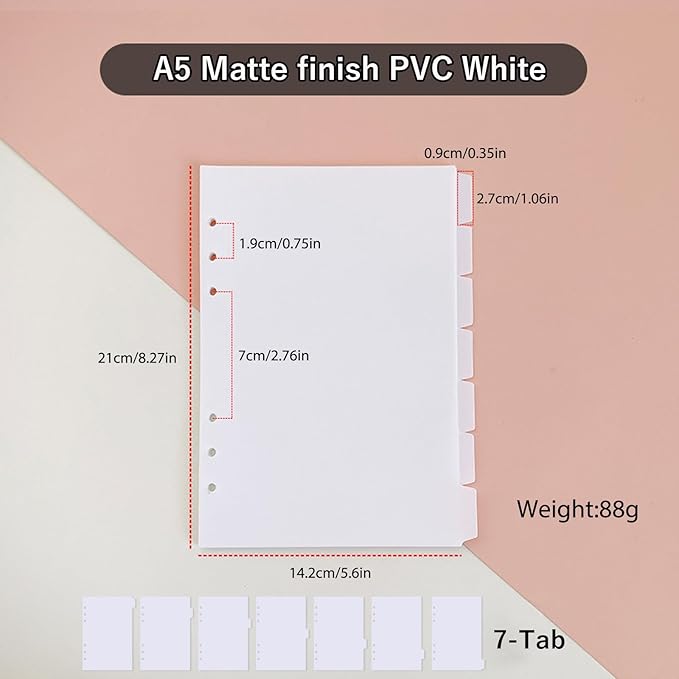 DY.2ten White Binder Dividers for 6-Holes Ring Binder, 1/7 Cut Tabs, A5 Size, Sturdy Plastic Dividers with 7 Tabs for School Office Home, 2 Sets, 14 Dividers, 2 Tab Stickers.