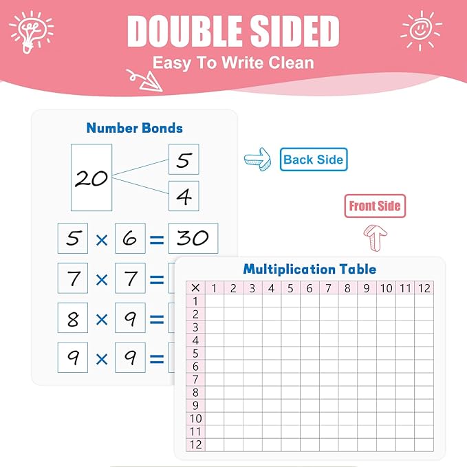 10 Pack Multiplication Chart Whiteboard Card - Double-Sided 9" x 12" Dry Erase Board, Math Manipulatives White Board for Kids Students, Classroom and Home Learning,Small White Board Card Dry Erase