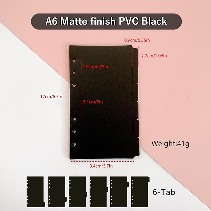DY.2ten Black Binder Dividers for 6-Holes Ring Binder, 1/6 Cut Tabs, A6 Size, Sturdy Plastic Dividers with 6 Tabs for School Office Home, 2 Sets, 12 Dividers, 2 Tab Stickers.