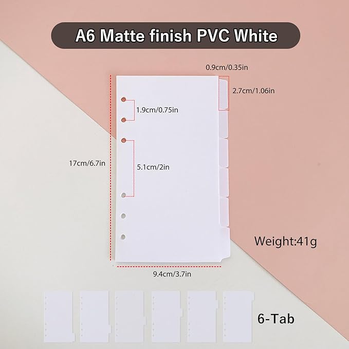 DY.2ten White Dividers for 6 Ring Binder, 6-Tab Sturdy Plastic Dividers, A6 Index Divider, 6 Hole Binder Dividers, Insertable Notebook Planner Tab Dividers for Binders