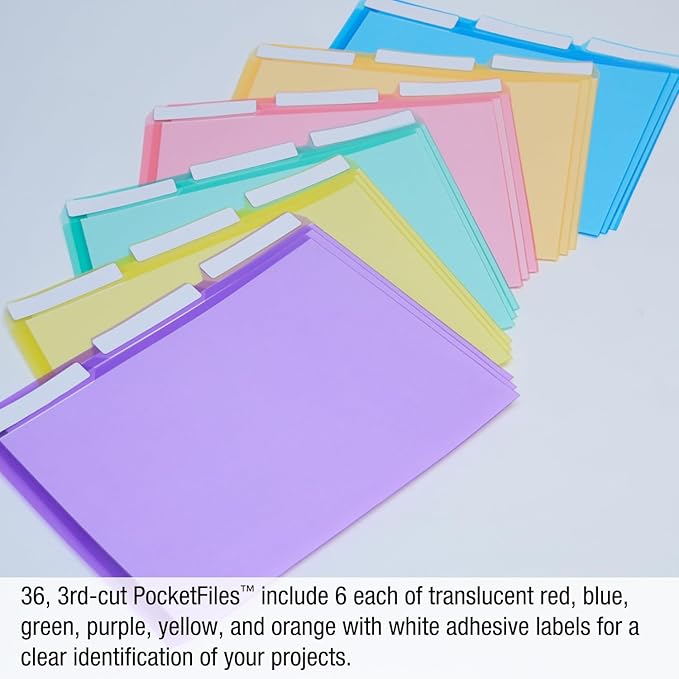 Ultimate Office PocketFile Clear Poly Document Folder Project Pockets, 3rd-Cut, Letter Size, in 6 Assorted Colors, Set of 72