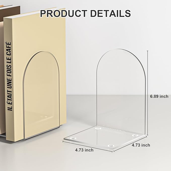 Acrylic Bookends 4 Pieces, Book Ends for Shelves, Clear Bookends for Book Shelves and Desktop Organizer, Transparent Bookends to Hold Books for Home Office Supplies