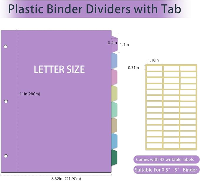 16Pcs/2 Sets Binder Dividers for 3 Ring Binder,8 Tab Binder Plastic Page dividers with Tab,tab dividers,Colored