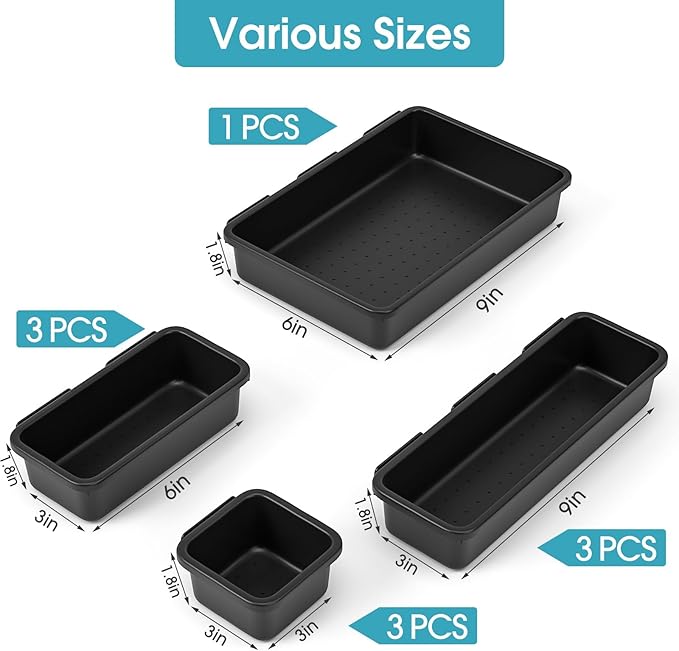 10 PCS Drawer Organizer Set, 4 Size Makeup Drawer Divider Organizer With Non-Slip Pads, Interlocking Plastic Storage Bins for Office,Jewelry Vanity,Gadgets, Bathroom,Kitchen, Black
