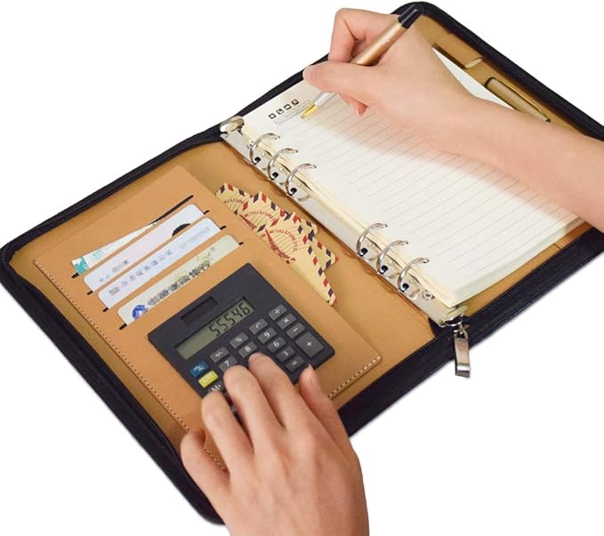 SAYEEC Leather Portfolio Notebook Binder with Calculator A5 6 Ring Refillable Budget Planner Binder Cover with Zipper Zippered Padfolio Organizer Business Journal Conference Folder Gifts for Men Women