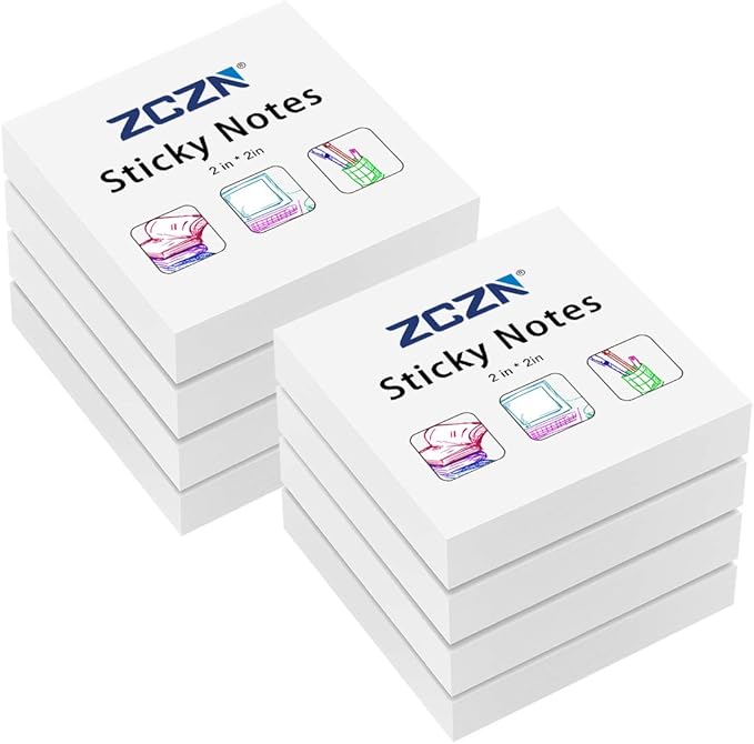 ZCZN Small Sticky Notes, 2in x 2in, 100 Sheets/Pad, 8 Pads/Pack, White