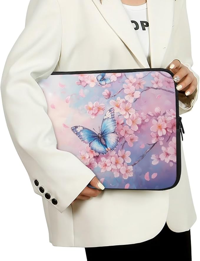 Butterfly Print Laptop Bag for Girls, 15 Inch Peach Blossom Laptop Sleeve Soft Laptop Case Bag for Girls, Waterproof Laptop Briefcase Computer Bag with Zipper