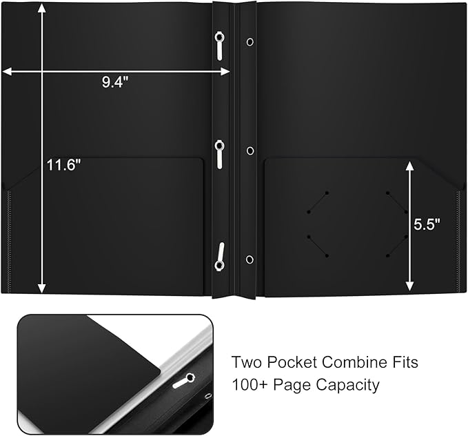 ViVin 12-Pack Sturdy Plastic Folders with Pockets and Prongs, 2 Pocket Folder with 3-Prong Fasteners, Holds 8-1/2" x 11" Letter Size Paper, for School,Office and Home Use (Black)
