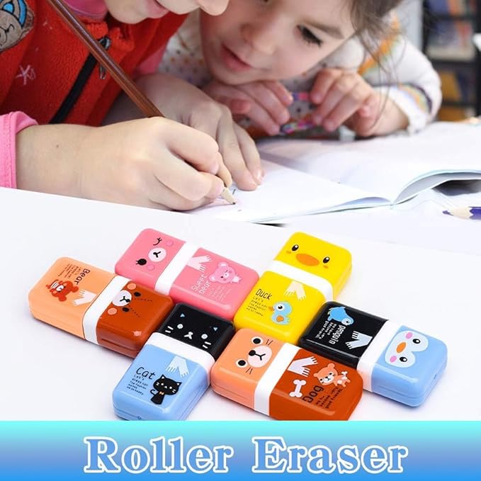 Sooez 12 Pack Pencil Erasers, Cute Erasers Pencil Eraser with Clean up Roller Pencil Eraser Shaving Roller Case Erasers for Party Favors Gift Supplies