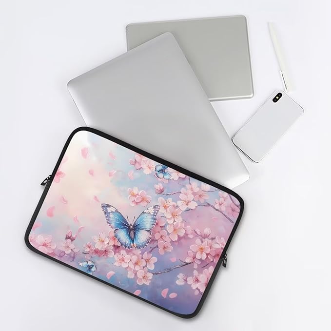Butterfly Print Laptop Bag for Girls, 15 Inch Peach Blossom Laptop Sleeve Soft Laptop Case Bag for Girls, Waterproof Laptop Briefcase Computer Bag with Zipper
