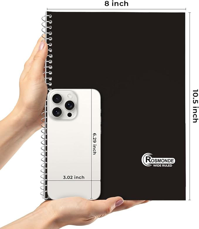 1 Subject Spiral Notebook, 12 Pack, Wide Ruled, Water Resistant Cover, Thick 140 Pages/Book (70 Sheets), 8 x 10-1/2, 3 Hole, Bulk School & Office, Black Cover