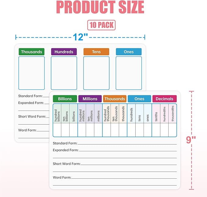 10 Pack Dry Erase Place Value Whiteboard Card,9" x 12" Double Sided Dry Erase Boards for Kids for Teaching Place Values from Billions to Decimal Numbers,Math Manipulatives White Board for Students