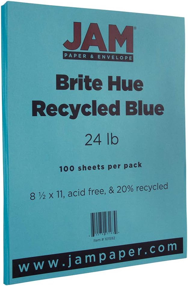 JAM PAPER Colored 24lb Paper - 90 gsm - 8.5 x 11 - Blue Recycled - 100 Sheets/Pack