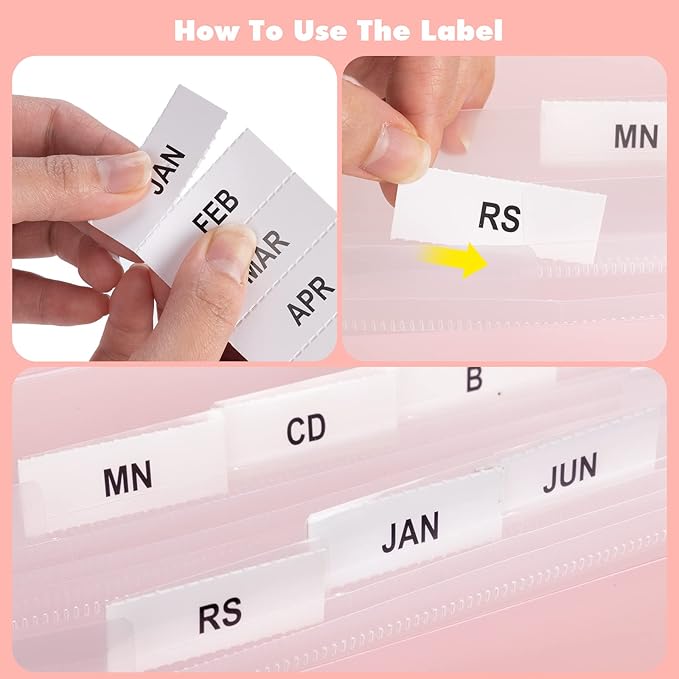 2 PCS Expanding File Folder A4,13 Pockets File Organiser with Colored Tags, Paperwork A4 Plastic Wallet Document Storage Expander for School,Office and Home, Pink