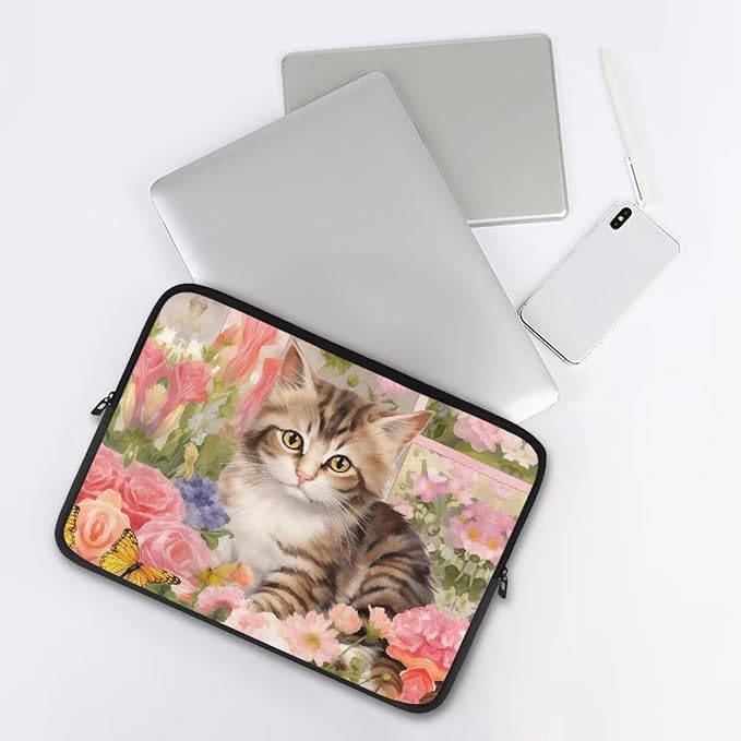 Cat Rose Printed Laptop Bag for Women Men, Lightweight Laptop Briefcase 12 Inch Shockproof Computer Carrying Cover with Zipper, Easy to Carry Laptop Case Bag for Daily Commuting