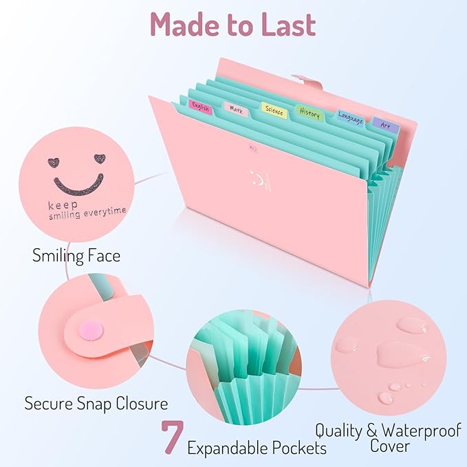 Forvencer Accordion File Organizer, Letter Size, 7 Pocket Expanding File Folder, Cute File Folder with Labels, Portable File Organizer for School Office Supplies, Folders for Documents, Red
