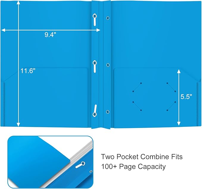 Heavy Duty Plastic Folder, 60 Pack, Pocket Folder with brads, Letter Size Poly File, Plastic Folders with 3 Prongs Fasteners - Sky Blue