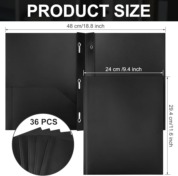 Cholemy 36 Pcs Plastic Pocket Folders with Prong 2 Heavy Duty Pockets Folders with 3 Prongs Letter Size Paper Folders Bulk File Plastic Folders with Fasteners for Office Workers (Black)