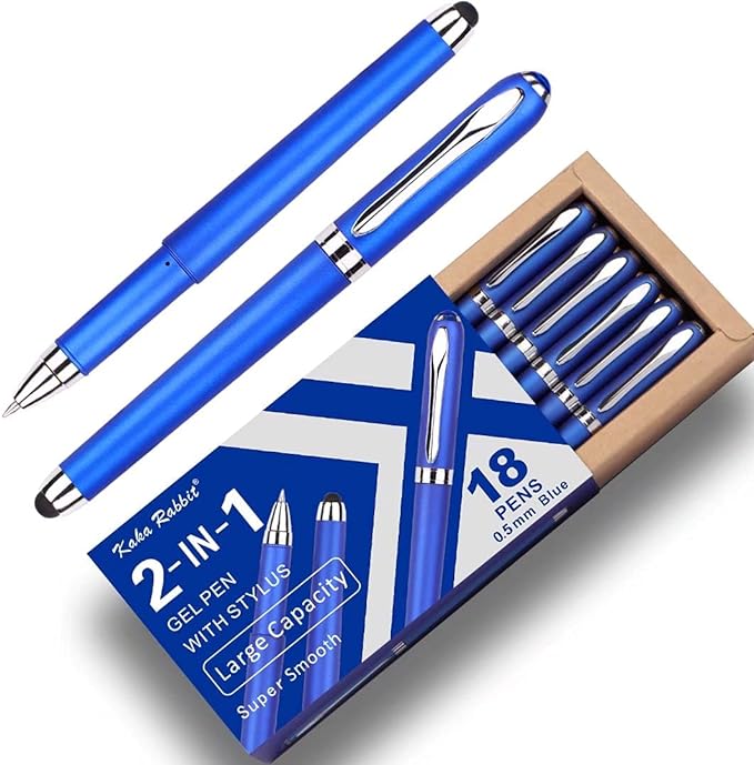 Gel Ink Rollerball Stylus Pen - 18 Pack,0.5mm Gel Pen Fine Point,2 in 1 Capacitive Stylus Pen,Large Capacity Blue Ink,Writing Smoothly for Office,Business,Gift,Metal Silver Clip,Kaka Rabbit