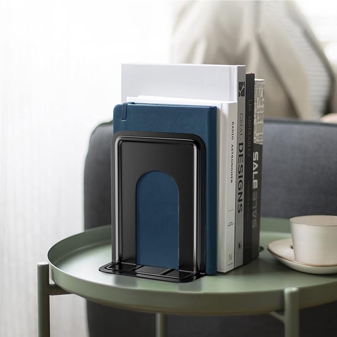 MaxGear Premium Matte Painted Book Ends, Heavy Duty & Sturdy Bookends for Shelves, Office Non-Skid Metal Book End, Book Stopper for Books/CDs/DVDs, 6 x 4.6 x 6 in, Black (2 Pairs/4 Pieces, Large)