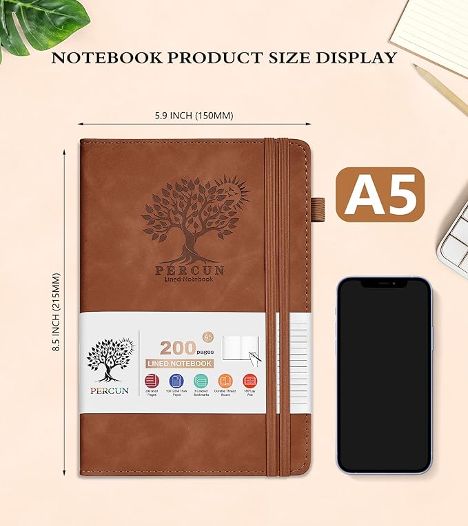 Lined Journal Notebook for Women and Men,Hardcover Leather Journaling Notebook for Writing, Travel, Business, Work and School,200 Pages A5 Notebook for Note Taking, Diary 5.9" × 8.5" - Brown