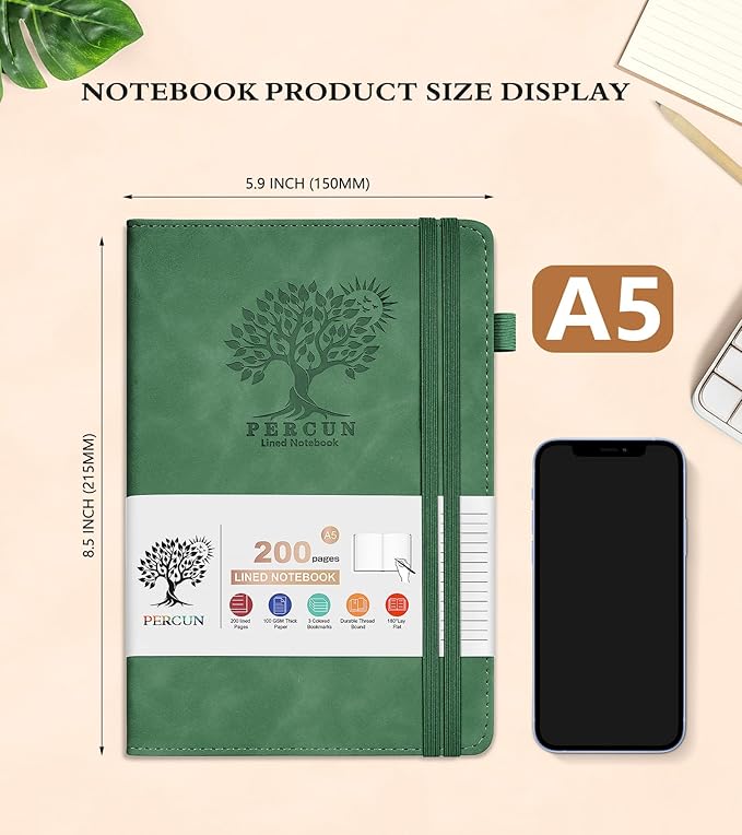 Lined Journal Notebook for Women and Men,Hardcover Leather Journaling Notebook for Writing, Travel, Business, Work and School,200 Pages A5 Notebook for Note Taking, Diary 5.9" × 8.5" - Green