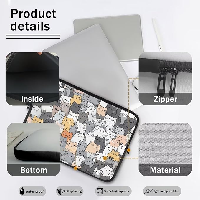 Cartoon Cat Print Laptop Briefcases for Men Women, Cute Laptop Sleeve Case Water Resistant Neoprene Computer Carrying Cover 12 Inch Laptop Carrying Bag