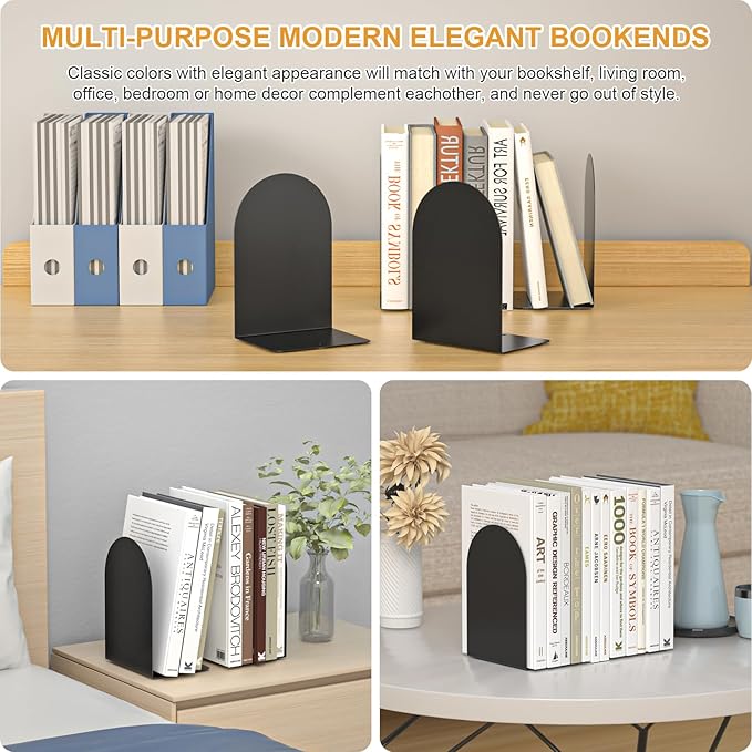 Bookends 2 Pairs, Metal Round Book Ends, Bookends for Shelves, Book Ends for Desk, Book End to Hold Books, Book Stopper, Black Bookend for Home Office