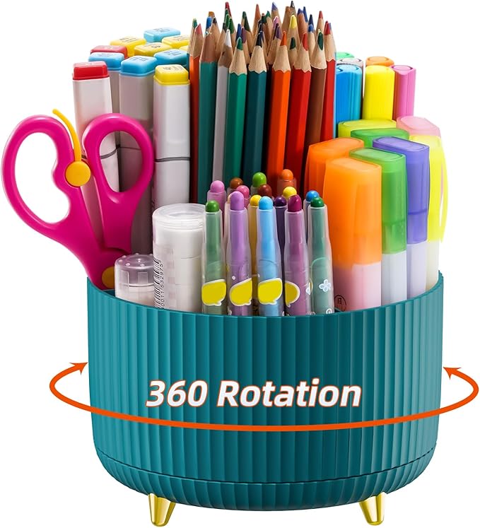 Marbrasse Desk Organizer, 360-Degree Rotating Pen Holder for Desk, Desk Organizers and Accessories with 5 Compartments Pencil Organizer, Art Supply Storage Box Caddy for Office, Home(Green)