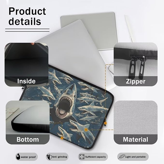 Shark Print Laptop Briefcases for Men Women, Lightweight Laptop Sleeve Case Water Resistant Neoprene Computer Carrying Cover 10 Inch Laptop Carrying Bag