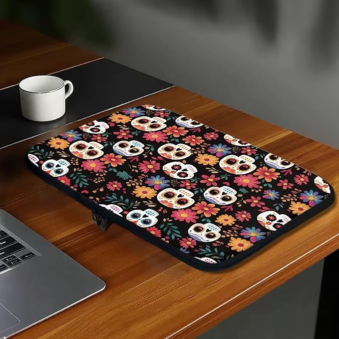 Skull Printed Computer Carrying Cover with Floral Print Laptop Case Bag Easy to Carry Computer Bag, 12 Inch Lightweight Laptop Briefcase Messenger Bag for Women