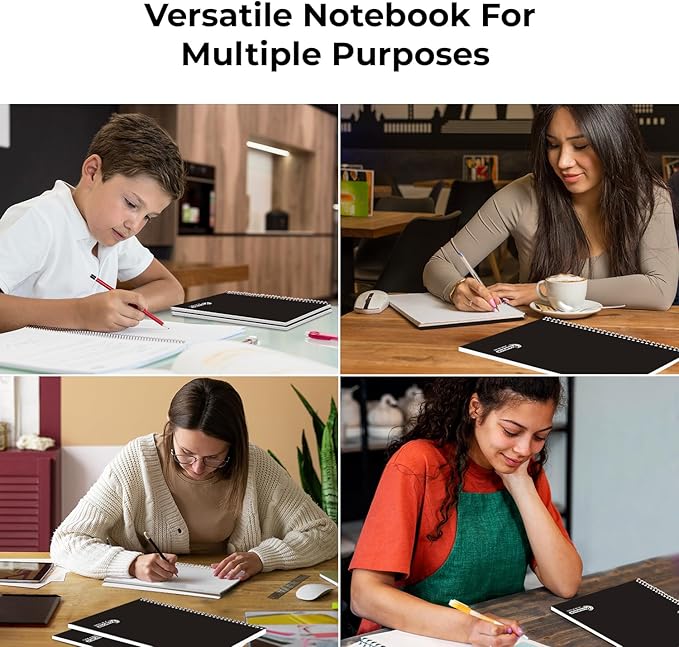 1 Subject Spiral Notebook, 12 Pack, Wide Ruled, Water Resistant Cover, Thick 140 Pages/Book (70 Sheets), 8 x 10-1/2, 3 Hole, Bulk School & Office, Black Cover